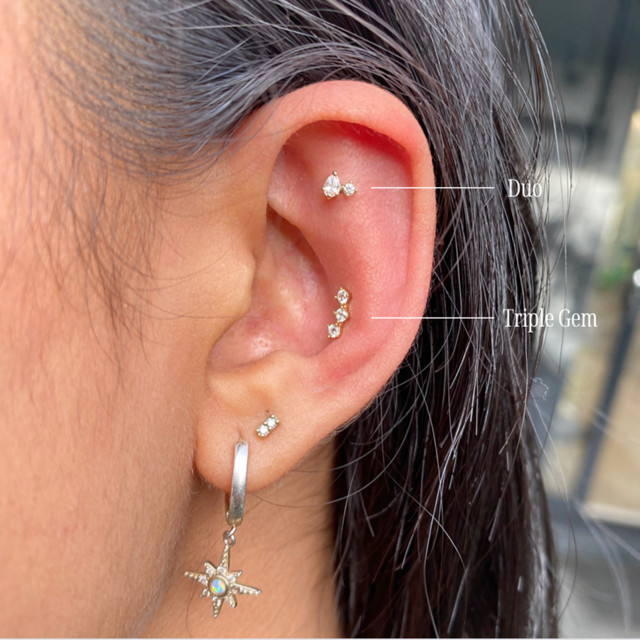 Double Stacked Crystal Piercing Stud in 14K Solid Gold