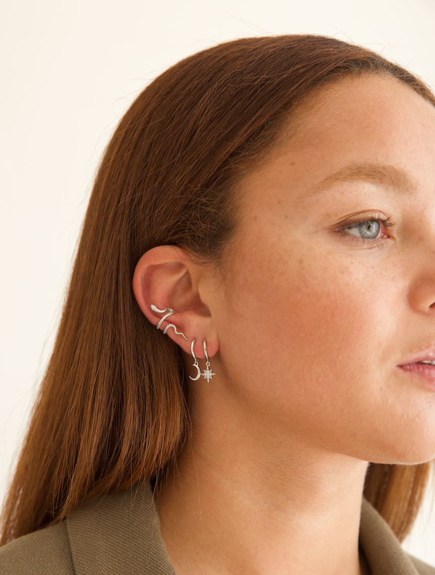 Cosmic Moon & Star Crystal Hoops in Silver