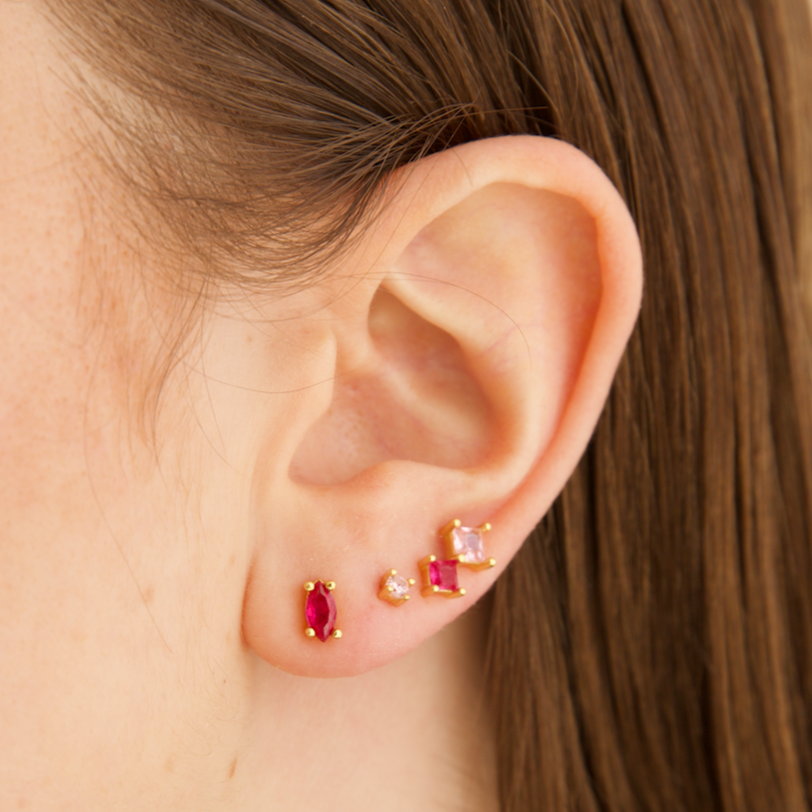 Fuchsia Pink Marquise Stud Earrings in Gold